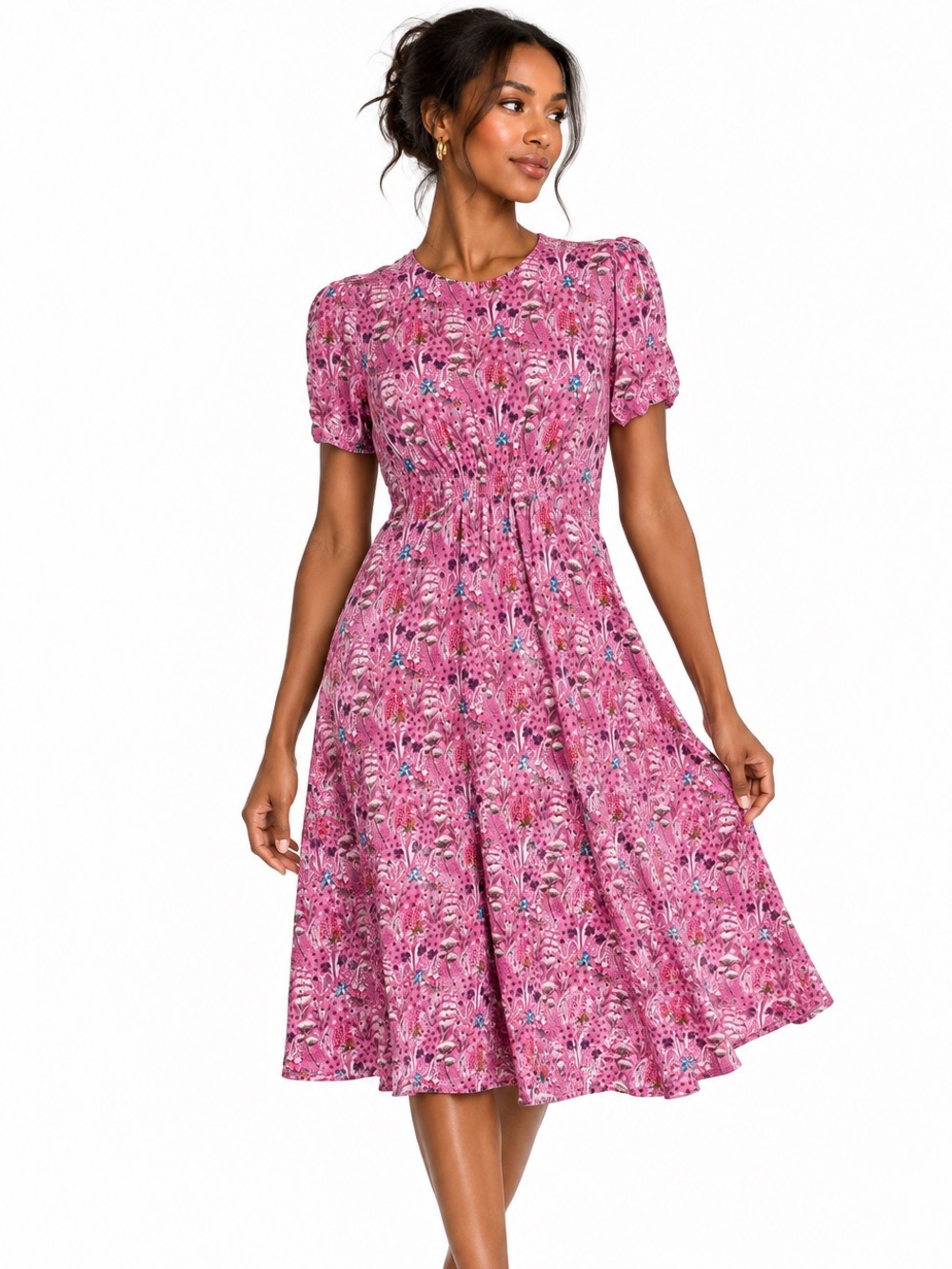 BODEN Pink Floral Short Sleeve Fit & Flare Dress